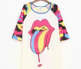 Sexy Rainbow Tongue Double-sided Print Batwing T-shirt