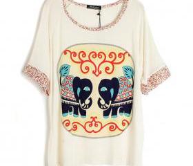 Little Flowers Sleeves &Neck Elephant Loose T-shirt